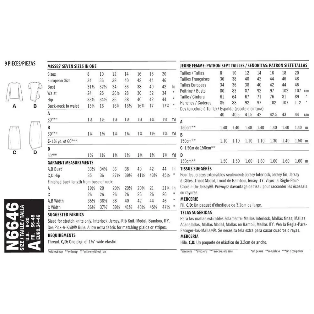 New Look Sewing Pattern 6646‎ Dress Top Skirt KNITS Misses Size 8-20